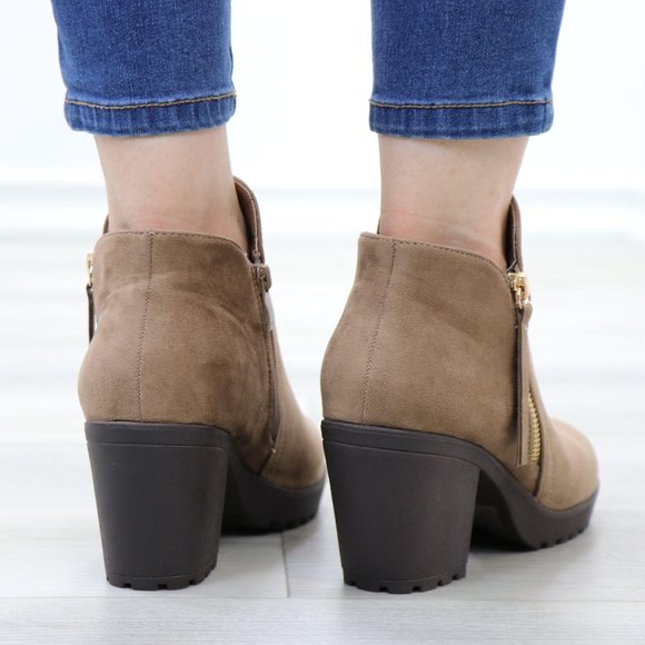 Taupe Suede Lug Chunky Heel Ankle Boots - Picture 8 of 12